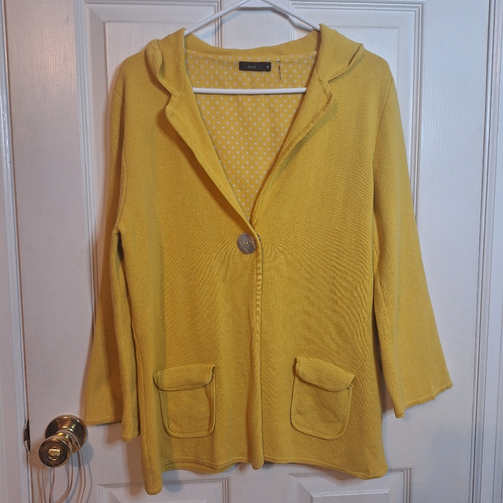 Escio Mustard Yellow Knit Cardigan Sweater Abalone Shell Snap Coastal Size M